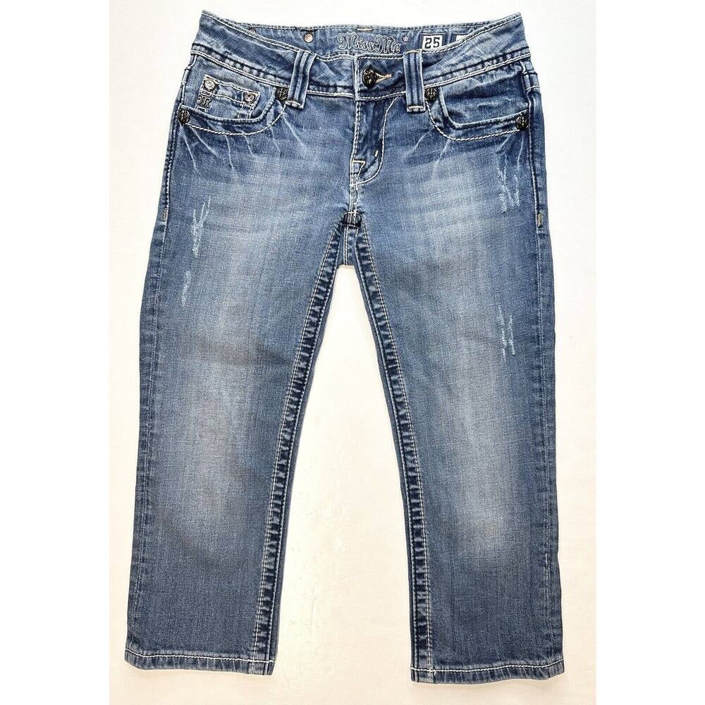 Miss Me Jeans 25 Capri Lowrise Denim Aztec Embroidery/Rhinestones/Studs Distress